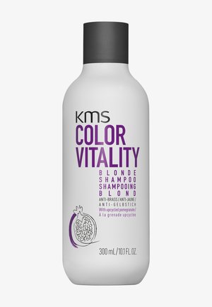 Flacon de shampooing KMS Color Vitality Blonde, formule anti-cuivré avec grenade upcyclée, 300 ml, blanc avec texte violet et bouchon noir.