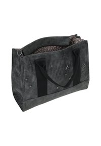 Sac fourre-tout gris avec un extérieur texturé, agrémenté d'accent stars, de doubles anses noires et d'une doublure intérieure à pois.