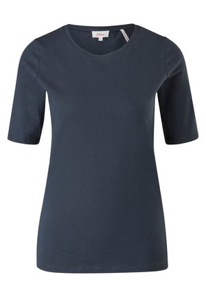 T-shirt bleu foncé à manches courtes pour femme, col rond, design simple, avec étiquette de la marque s.Oliver à l'intérieur du col.