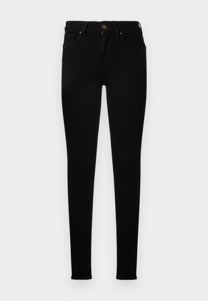 Fekete skinny farmernadrág klasszikus öt zsebes dizájnnal, fém gombos záródással és sima, rugalmas szövetel.