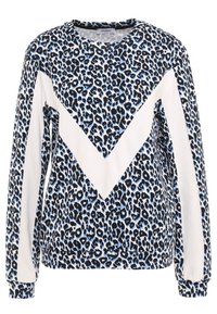Felpa con stampa leopardata nei colori nero, blu e bianco. Caratterizzata da un design a zigzag e maniche lunghe con polsini a costine, realizzata in tessuto morbido.