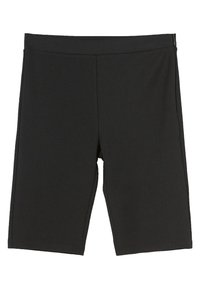 Black athletic shorts made of stretchy fabric, featuring a fitted design, flat seams, and an elastic waistband with a side zipper.