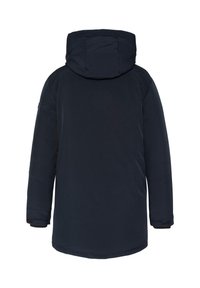 Marineblauwe parka jas met capuchon, met een strak ontwerp, een gladde textuur en een minimalistische stijl, geschikt voor koud weer.