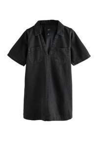 Schwarzes Denim-Kleidhemd mit Kragen, kurzen Ärmeln, zwei Brusttaschen und tiefem V-Ausschnitt. Verfügt über unauffällige Steckdetails.