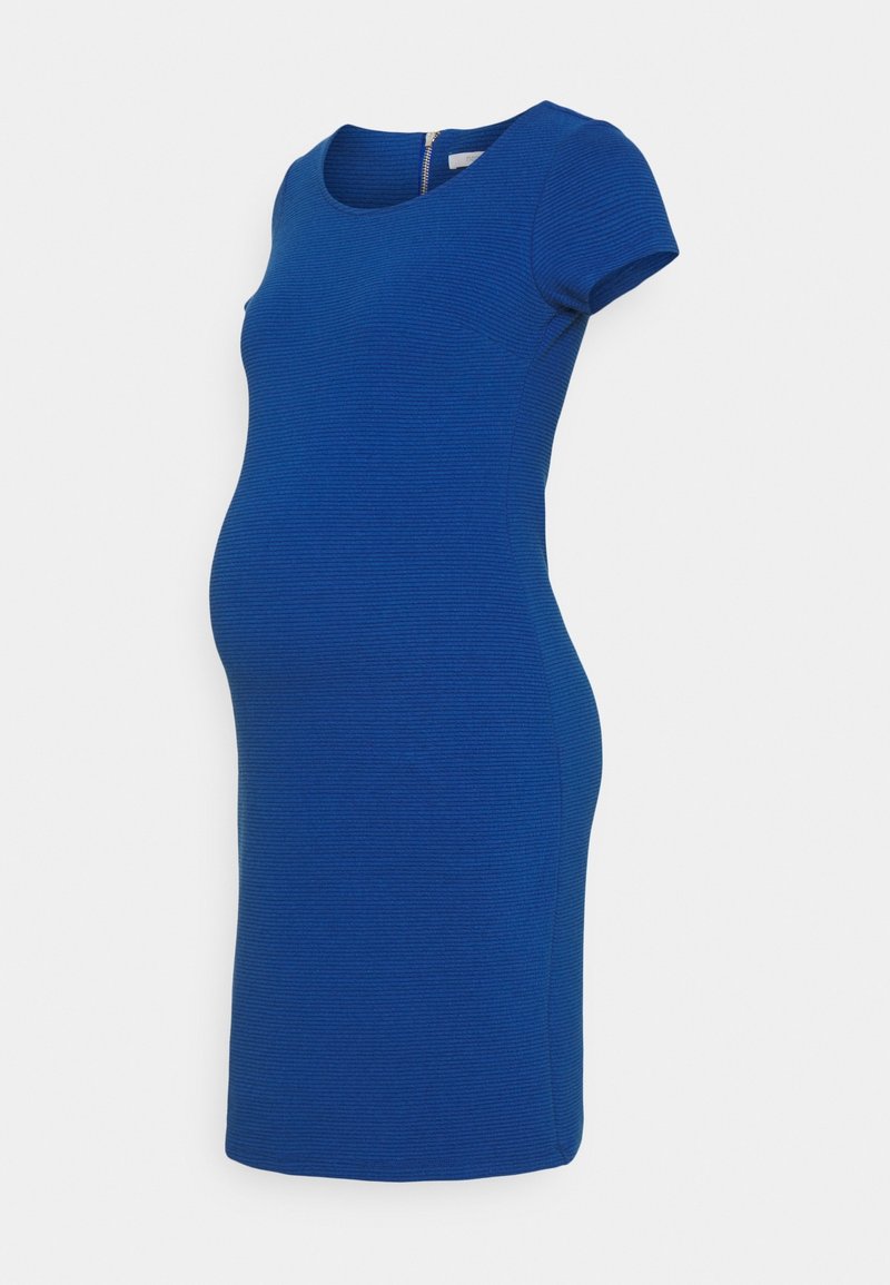 Mammaklänning i strukturerad kunglig blå tyg, åtsittande design, korta ärmar och rundad halsringning med blixtlåsdetaill bak.