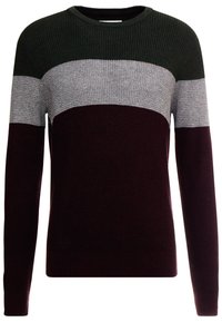 Gestrickter Pullover mit horizontalen Streifen in Dunkelgrün, Grau und Burgunderrot. Rippstruktur mit Rundhalsausschnitt und langen Ärmeln.