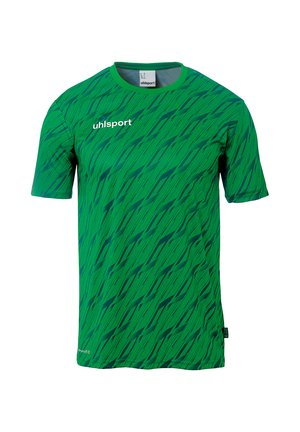 Grøn atletisk skjorte med et bølgende, diagonalt mønster i en mørkere grøn nuance. Lavet af åndbart materiale med rund halsudskæring og korte ærmer.