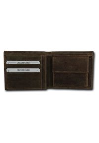 Brown leather wallet with multiple credit card slots, textured finish, and contrast stitching. Folded design, interior pocket for cash.