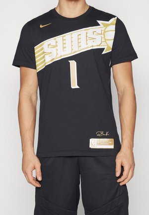 Black Phoenix Suns Basketballtrikot mit gold-weißem Logo, Nummer eins, Nike-Swoosh und Unterschriftsdetails auf der Vorderseite.