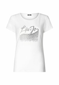 Camiseta blanca de cuello redondo y mangas cortas, con un diseño de texto en strass plateado que dice "Liu Jo". Tejido suave, ajuste casual.