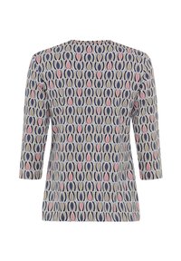 Musteroberteil mit einem Design in Creme, Marineblau und Rosa, mit Dreiviertelärmeln und einem runden Halsausschnitt. Glatte Stofftextur.