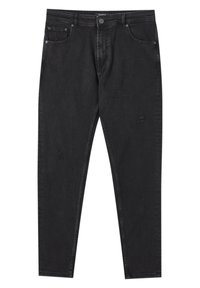 Jean en denim noir coupe slim, avec cinq poches, fermeture par bouton et détails usés à l'avant. Texture lisse.