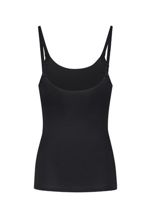 Camicetta nera con spalline sottili regolabili, realizzata in tessuto liscio e elasticizzato. Presenta un colletto rotondo e una silhouette aderente.