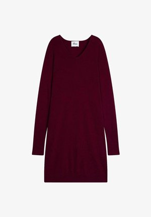 Bordeaux gestricktes Kleid mit V-Ausschnitt, langen Ärmeln und gerippten Bündchen. Weiche Textur mit gerade geschnittenem Design, das für eine lockere Passform konzipiert ist.