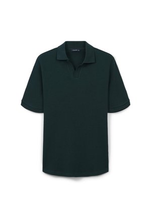 Polo shirt verde scuro a maniche corte con colletto a V, realizzato in tessuto testurizzato, con maniche arrotolate e orlo dritto.