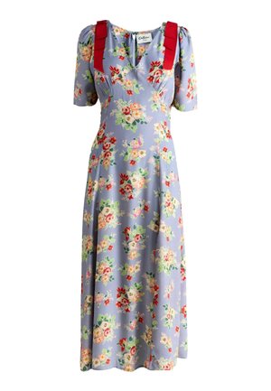 Hellviolettes Blumenkleid mit kurzen Puffärmeln, roten Schulterriemen, V-Ausschnitt und tailliertem Bund.