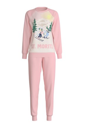 Rosa Sweatshirt und passende Hose, mit einem Grafikmotiv einer Skiszene und dem Text "ST. MORITZ". Hergestellt aus einem weichen, glatten Stoff mit gerippten Bündchen.