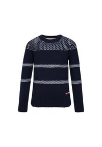 Marineblauer Strickpullover mit weißen Musterakzenten, gerippten Bündchen und Saum, Rundhalsausschnitt und kleinem Logodetail auf der Vorderseite.