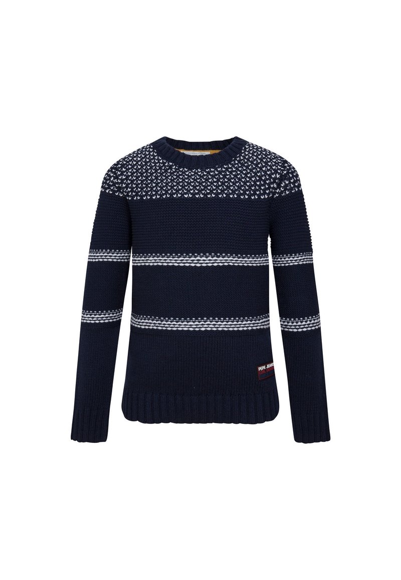 Marineblauer Strickpullover mit weißen Musterakzenten, gerippten Bündchen und Saum, Rundhalsausschnitt und kleinem Logodetail auf der Vorderseite.