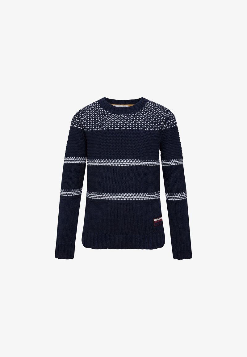 Marineblauer Strickpullover mit weißen Musterakzenten, gerippten Bündchen und Saum, Rundhalsausschnitt und kleinem Logodetail auf der Vorderseite.