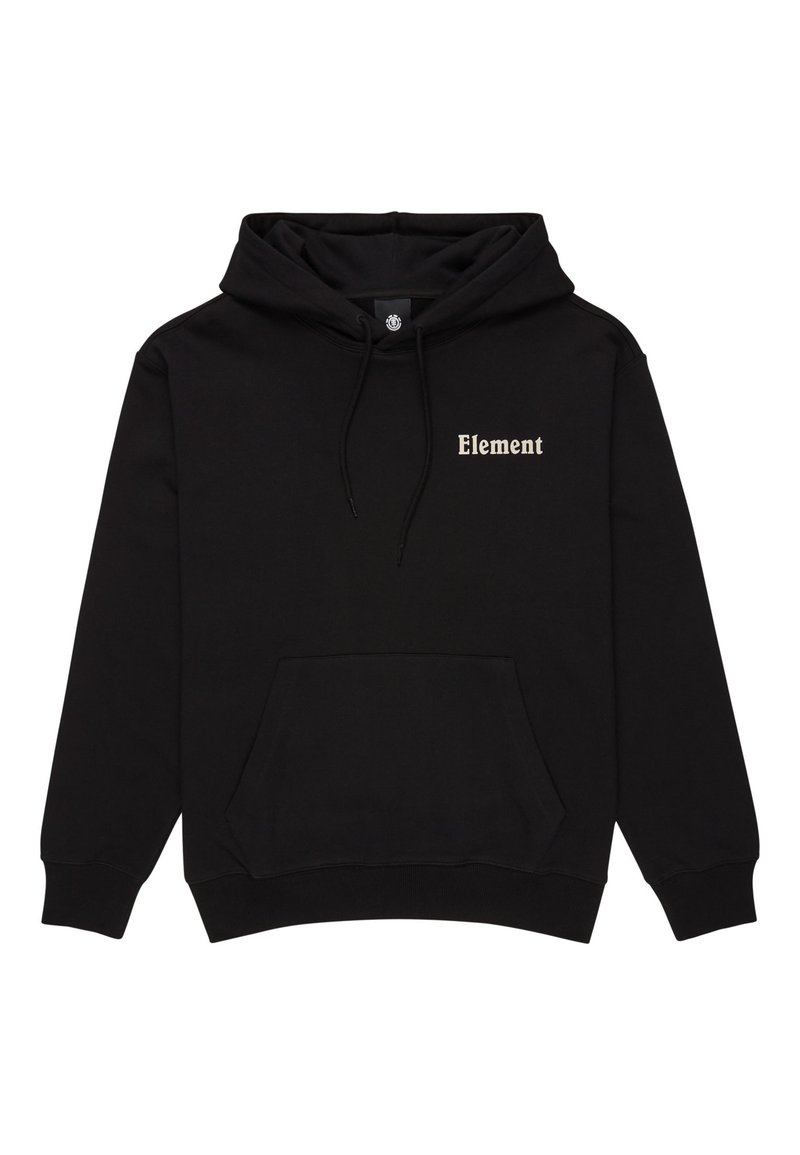 Zwarte hoodie van zacht materiaal, met een kangoeroezak en een capuchon met trekkoord. "Element" logo in lichtbeige op de bovenste linkerzijde.