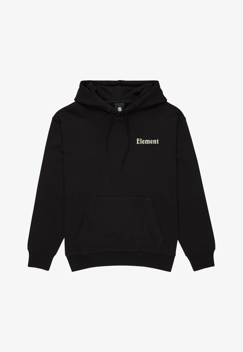Zwarte hoodie van zacht materiaal, met een kangoeroezak en een capuchon met trekkoord. "Element" logo in lichtbeige op de bovenste linkerzijde.