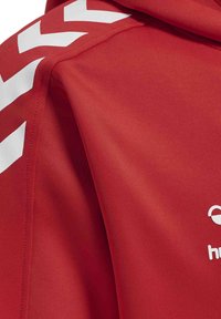 Czerwony rękaw kurtki sportowej z białym wzorem szewronu oraz częściowym białym logiem marki na tkaninie.