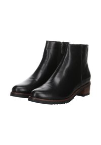 Botas de piel negras hasta el tobillo con puntera redonda, cremallera lateral y tacón de madera marrón. Presentan una superficie texturizada y suela de goma.