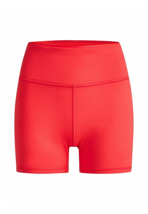 Bright red high-waist fitted athletic shorts with flatlock seams and mid-thigh length, shown against a white background.