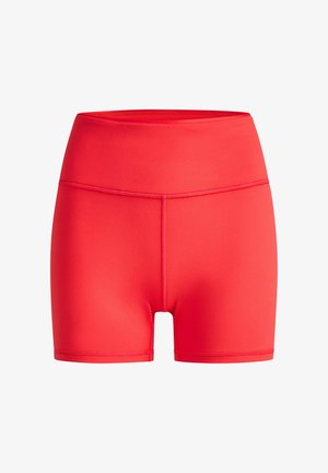 Bright red high-waist fitted athletic shorts with flatlock seams and mid-thigh length, shown against a white background.