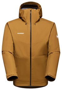 Veste imperméable marron avec un col montant, une fermeture éclair à l'avant et une capuche ajustable. Présente un logo sur la poitrine et des poignets élastiques.