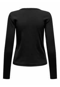 Czarna, dopasowana koszula z długim rękawem i okrągłym dekoltem, pokazana od tyłu na białym tle.