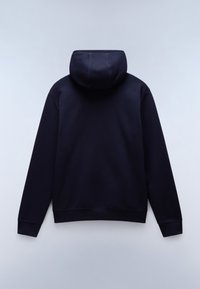 Felpa con cappuccio blu navy dal taglio relaxed, con polsini e orlo a costine, e una texture di tessuto morbida. Design minimalista, senza loghi o motivi visibili.