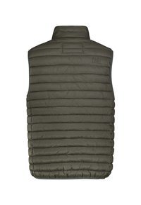 Olivengrünes, gestepptes, ärmelloses Weste mit hohem Kragen, horizontalen Nähten und "SUB LEVEL" auf der oberen Rückseite rechts eingestickt.