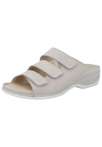 Light gray slide sandals with a woven texture, three adjustable velcro straps, and an open toe design. Features a comfortable lightweight sole.