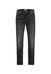 Jeans de denim negro con corte recto, diseño de cinco bolsillos, ligera decoloración y cierre frontal de botones. Material texturizado con costuras visibles.