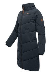 Navy quilted coat with high collar, side pockets, and a front zipper. Features brown leather accents on zipper and sleeve logo.