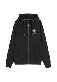 Czarna bluza z kapturem zapinana na zamek, wykonana z miękkiego materiału. Posiada logo z przodu, dwie boczne kieszenie oraz sznurek do regulacji kaptura. Prosty design z ściągaczami na rękawach.