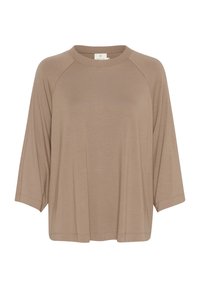 Béžový volný dlouhý rukáv top s kulatým výstřihem a raglánovými rukávy, jednobarevný design a rovný lem.