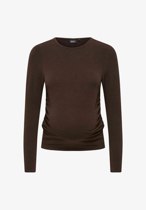 Top de maternité marron foncé à manches longues, col rond et côtés froncés pour l'élasticité et le confort.