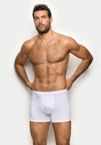 Boxer briefs bianchi in cotone, design aderente, texture liscia, elastico in vita, lunghezza a metà coscia, senza motivi o decorazioni, design semplice.