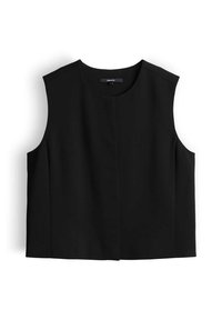 Black sleeveless cropped top with round neckline and simple design, laid flat on white background.