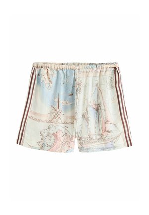 Hellfarbene Shorts mit elastischem Bund, nautischer Karte und Segelbootdruck sowie drei vertikalen braunen Streifen auf jeder Seite.
