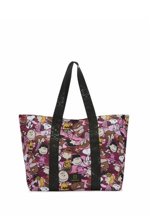 Grand sac fourre-tout avec un imprimé de personnage de dessin animé rose, présentant des poignées noires avec des motifs en relief. Tissu durable et design spacieux.