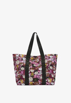 Grand sac fourre-tout avec un imprimé de personnage de dessin animé rose, présentant des poignées noires avec des motifs en relief. Tissu durable et design spacieux.