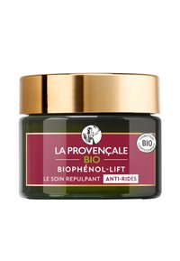 Bocal en verre vert avec un couvercle doré, portant une étiquette rouge avec du texte blanc et vert. L'étiquette indique "BIO", "anti-rides", et le nom du produit "Biophénol-Lift".