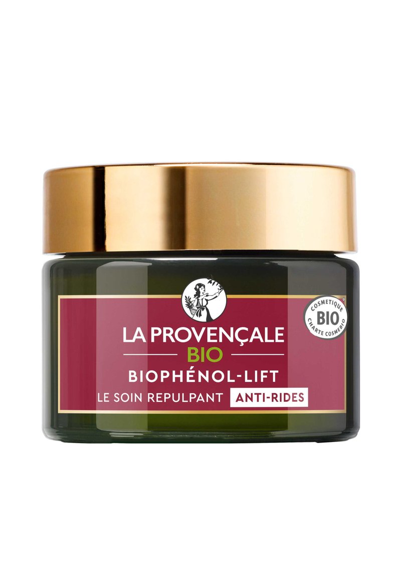 Bocal en verre vert avec un couvercle doré, portant une étiquette rouge avec du texte blanc et vert. L'étiquette indique "BIO", "anti-rides", et le nom du produit "Biophénol-Lift".