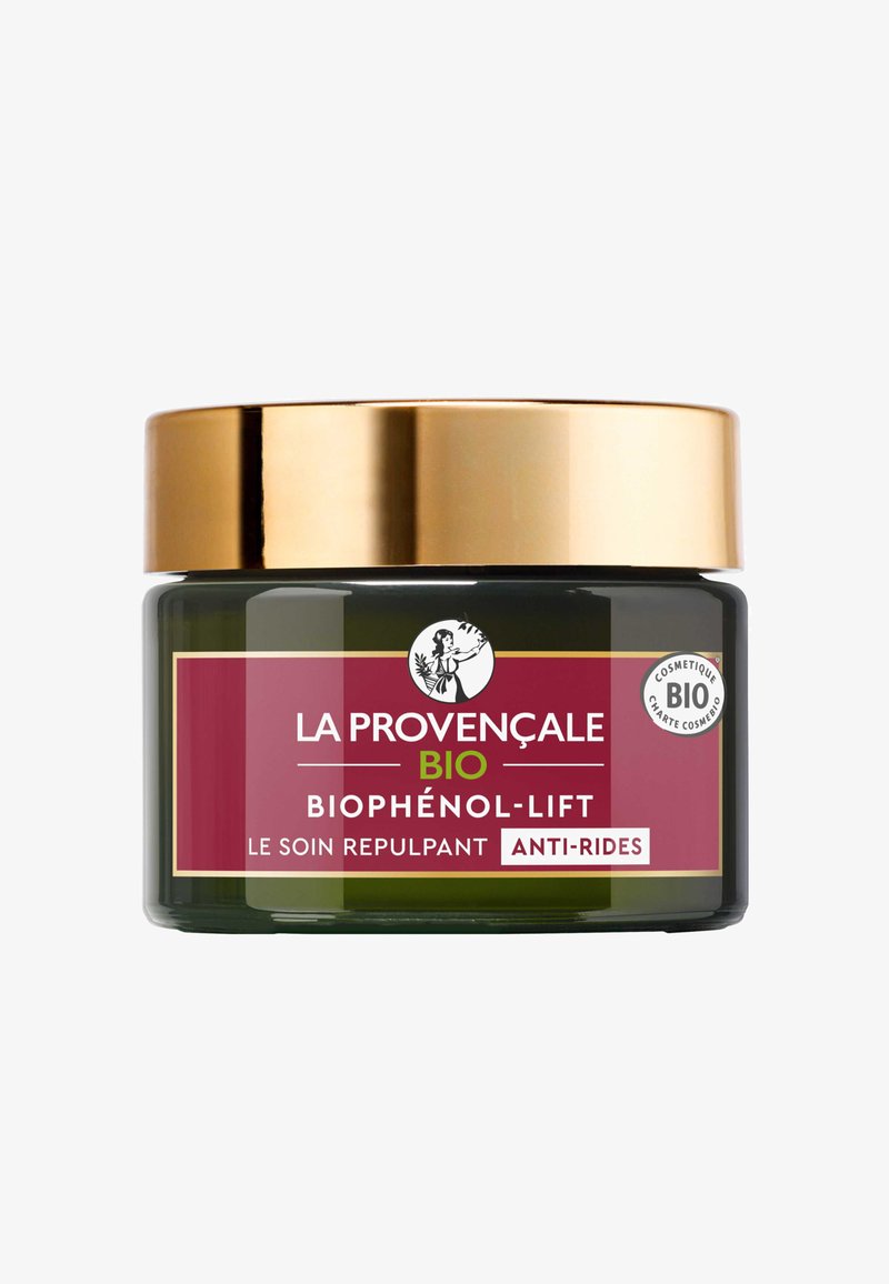 Bocal en verre vert avec un couvercle doré, portant une étiquette rouge avec du texte blanc et vert. L'étiquette indique "BIO", "anti-rides", et le nom du produit "Biophénol-Lift".