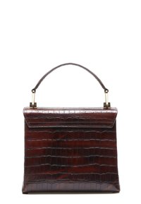 Crocodile-embossed dark brown leather handbag with a structured design, top handle, and gold-tone hardware accents. Flat closure.