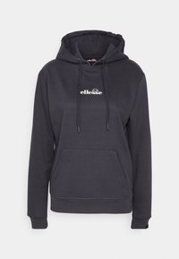 Sweat à capuche gris foncé avec poche avant et logo blanc "ellesse" centré sur la poitrine, doté d'une capuche avec cordon de serrage et de poignets côtelés.